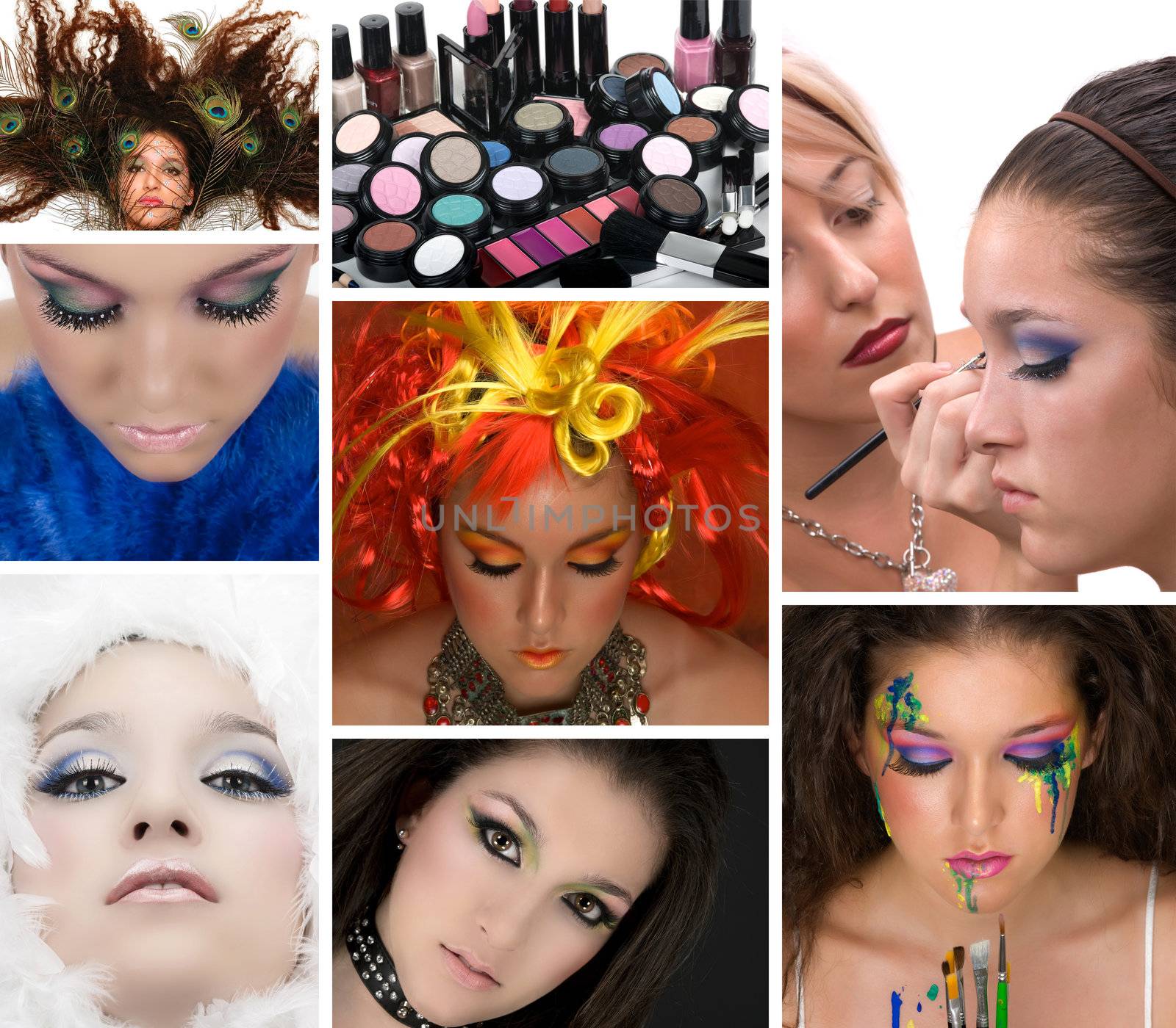 Cosmetics; model with many different make ups