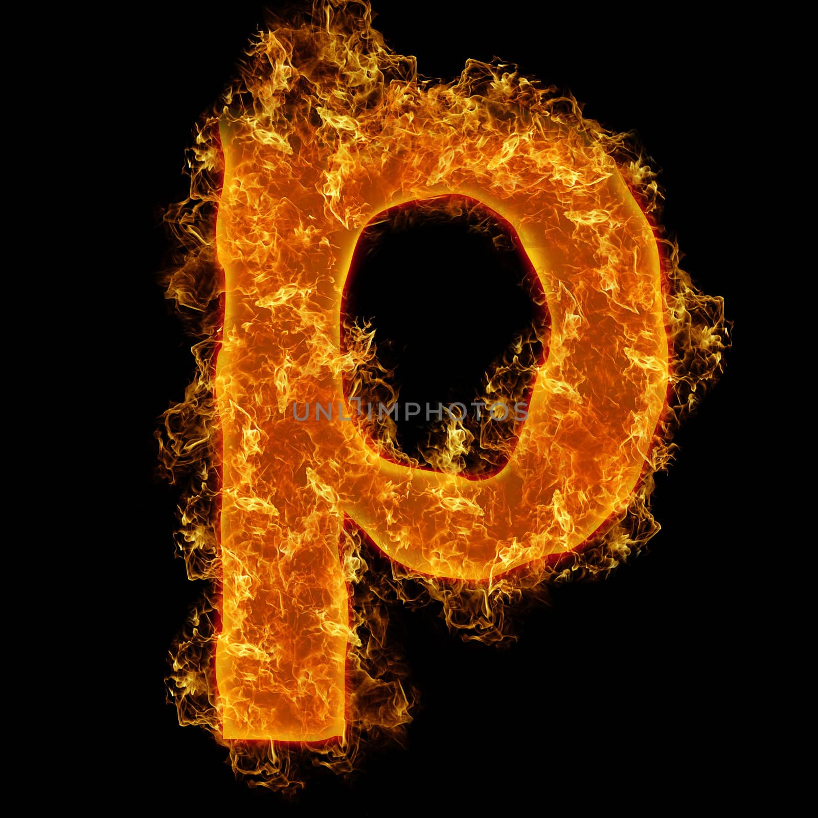 Fire small letter P on a black background