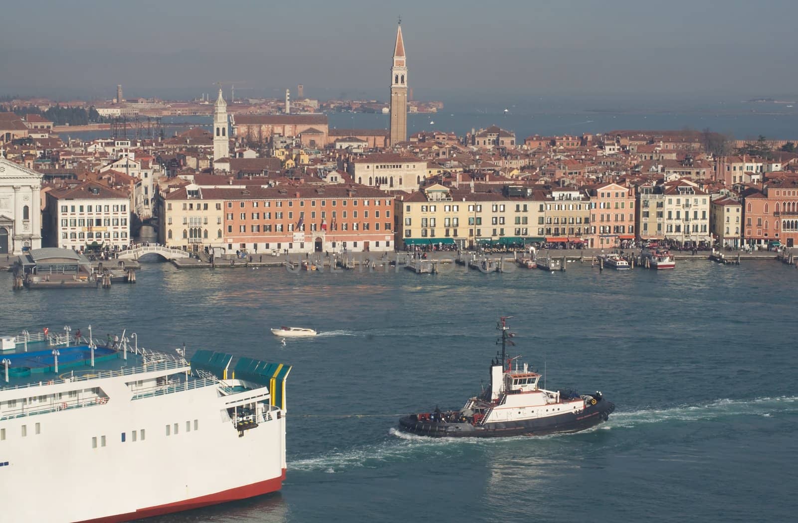 View of Venice with a towing vessel in the foreground