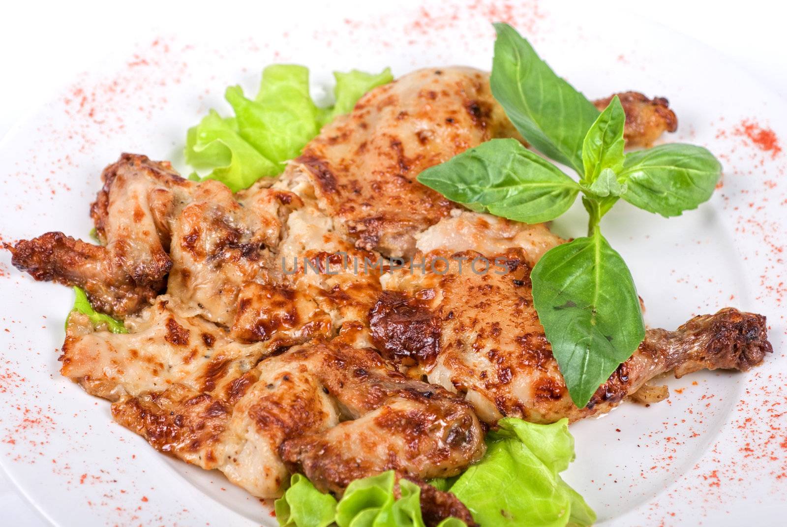 baked maize chicken meat with lettuce and greens marinated at mayonnaise, onion and kiwi