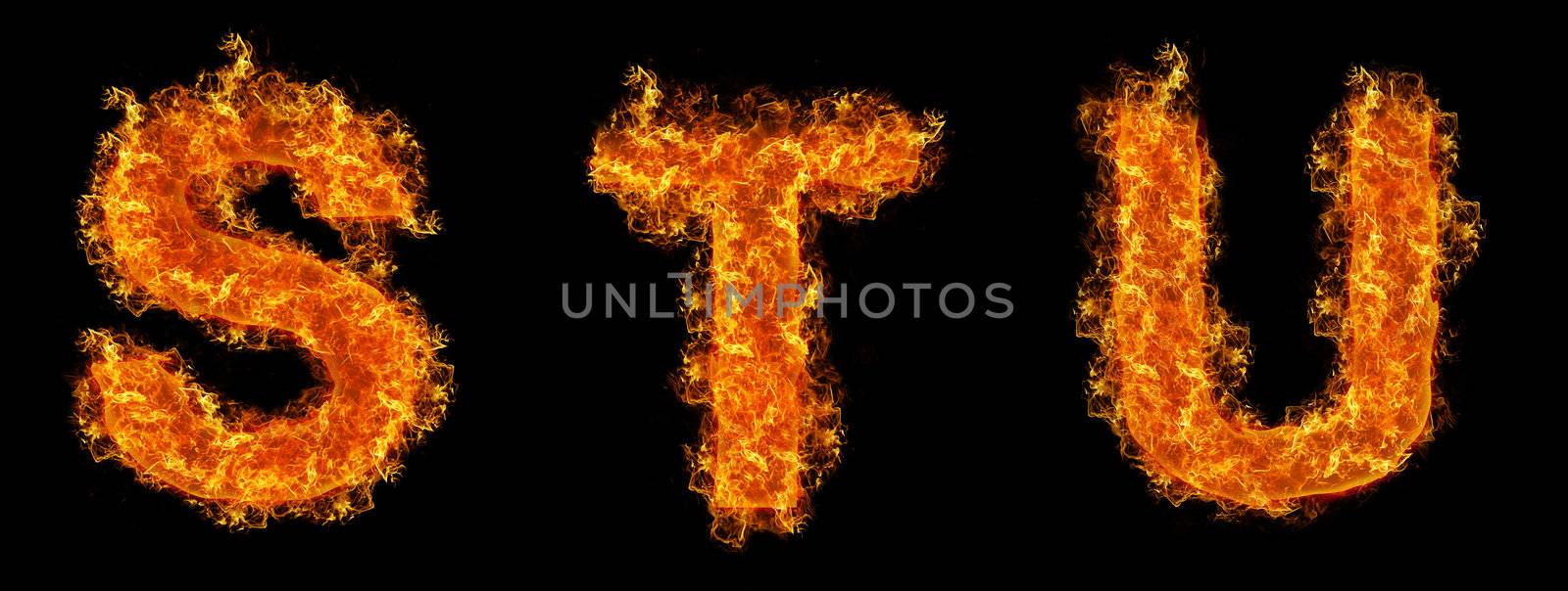 Set of Fire letter S T U on a black background