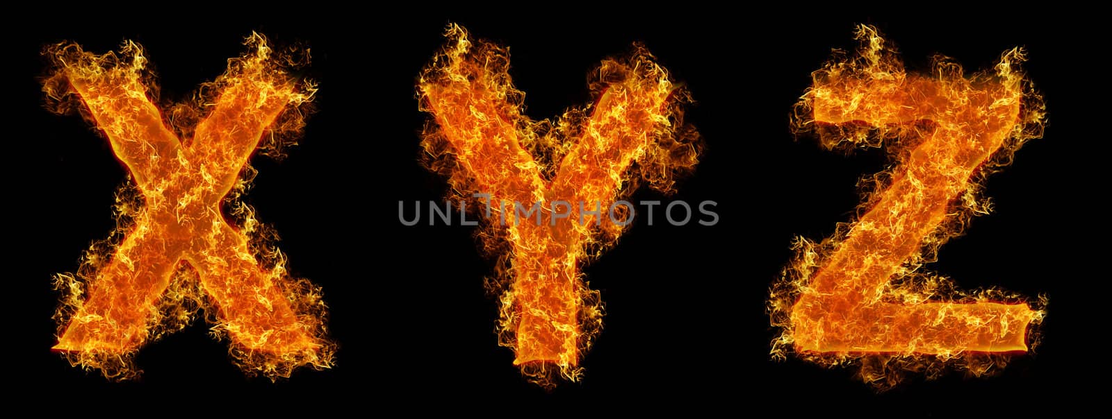 Set of Fire letter X Y Z on a black background