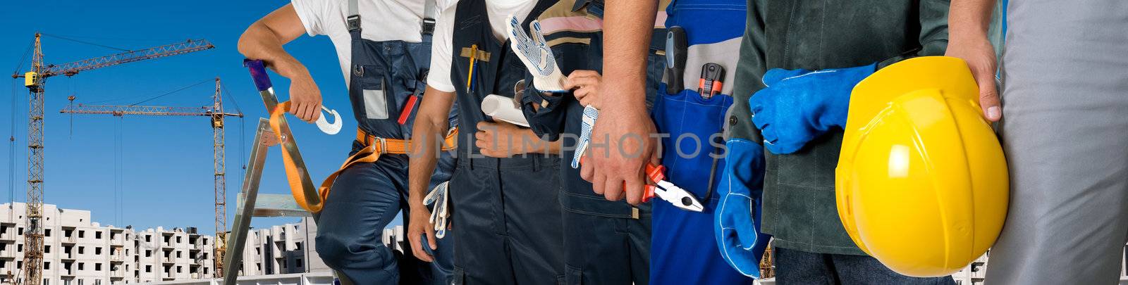 Different workers man closeup on building background