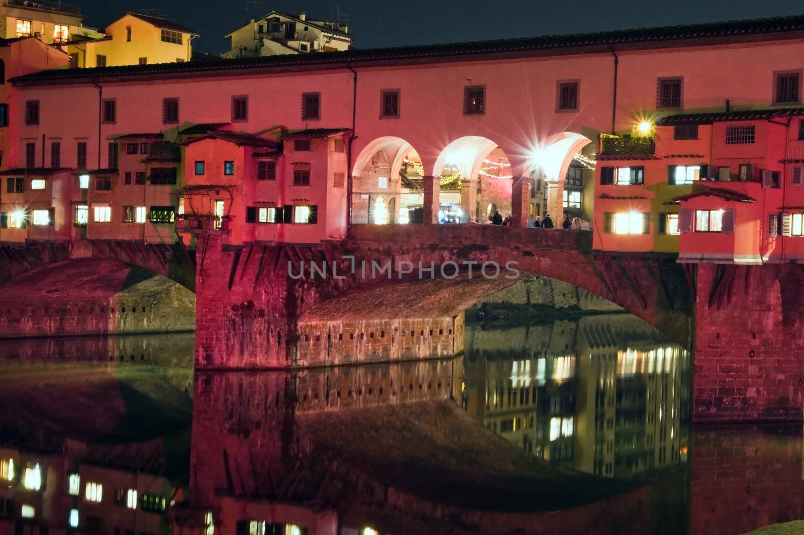 Florence. Ponte Vecchio at night with the Christmas lighting