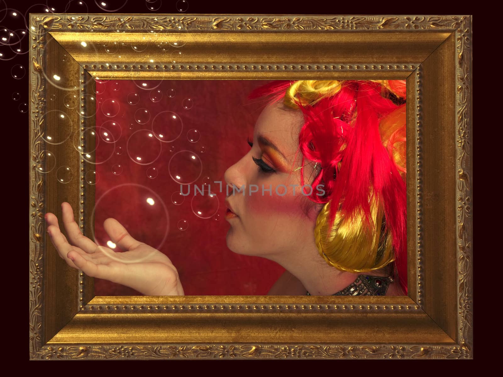 Girl in a picture frame blowing bubbles