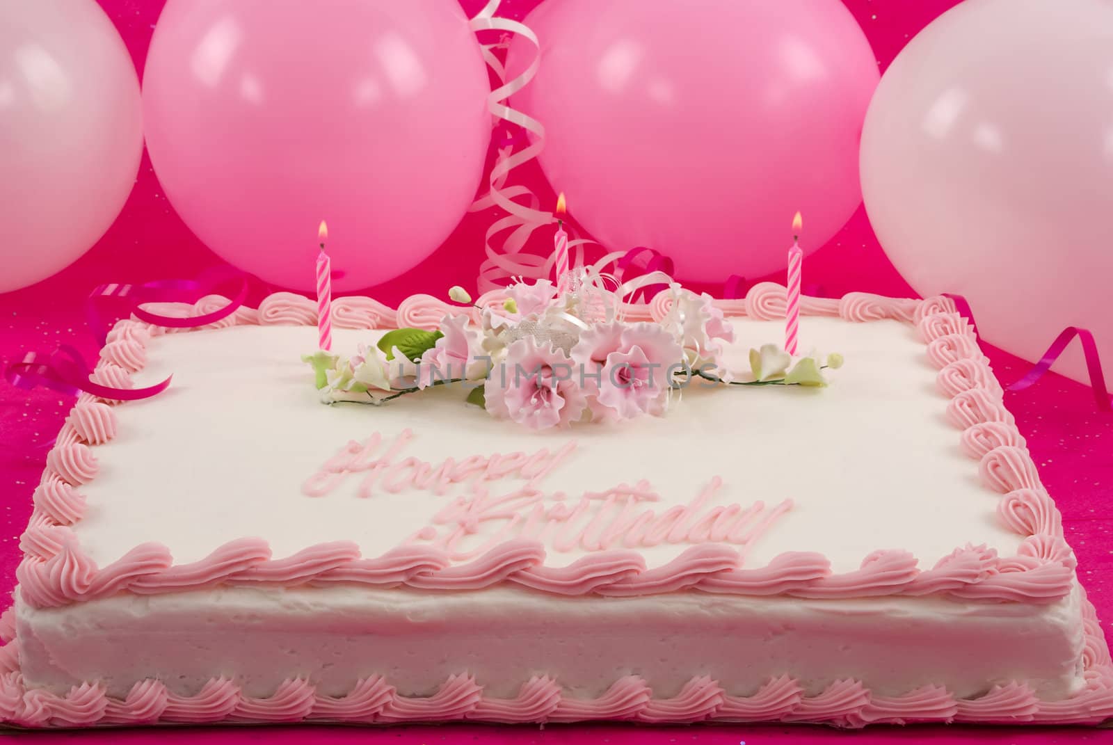 Delicious beautifully decorated bithday cake and balloons