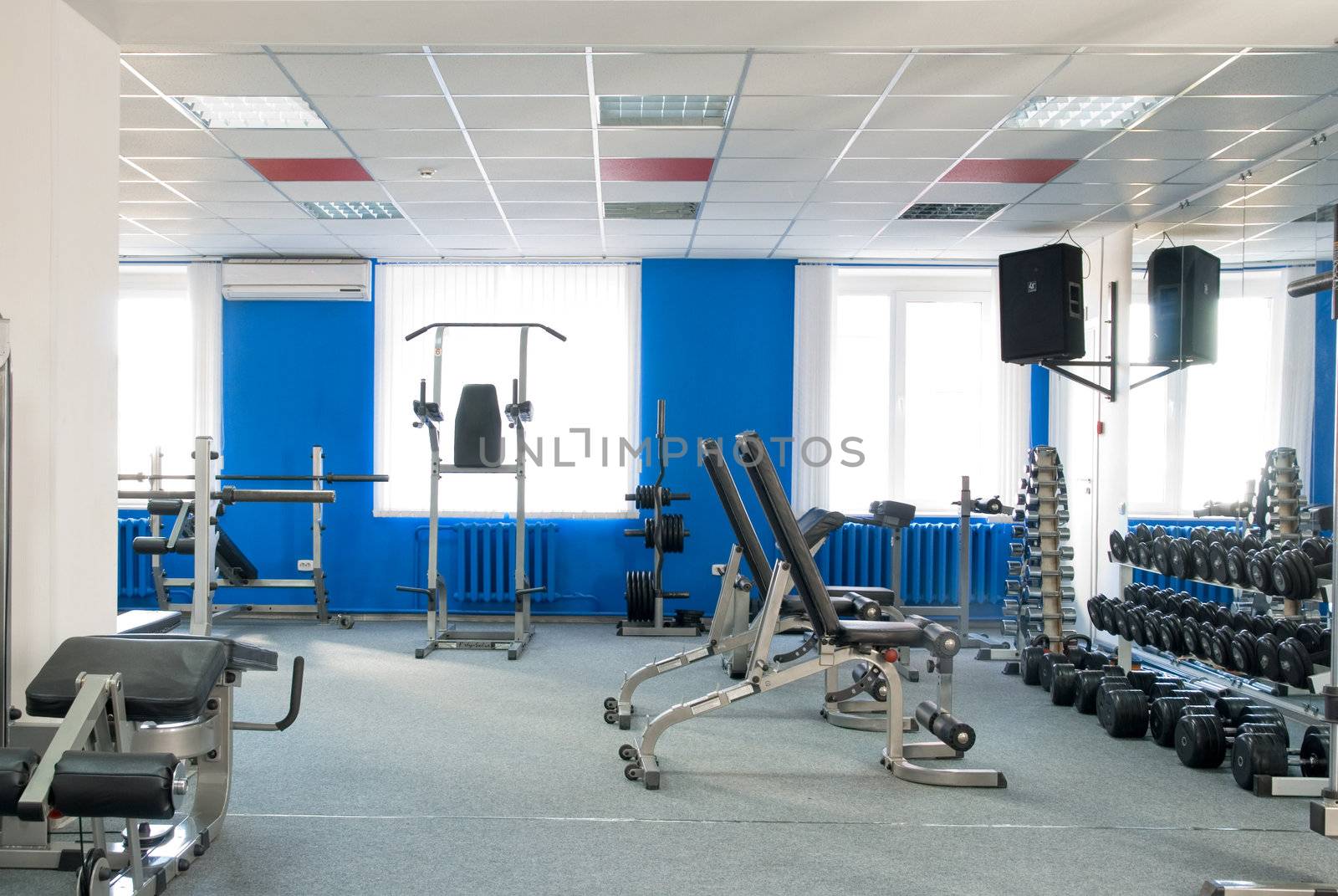 Room with gym equipment in the sport club