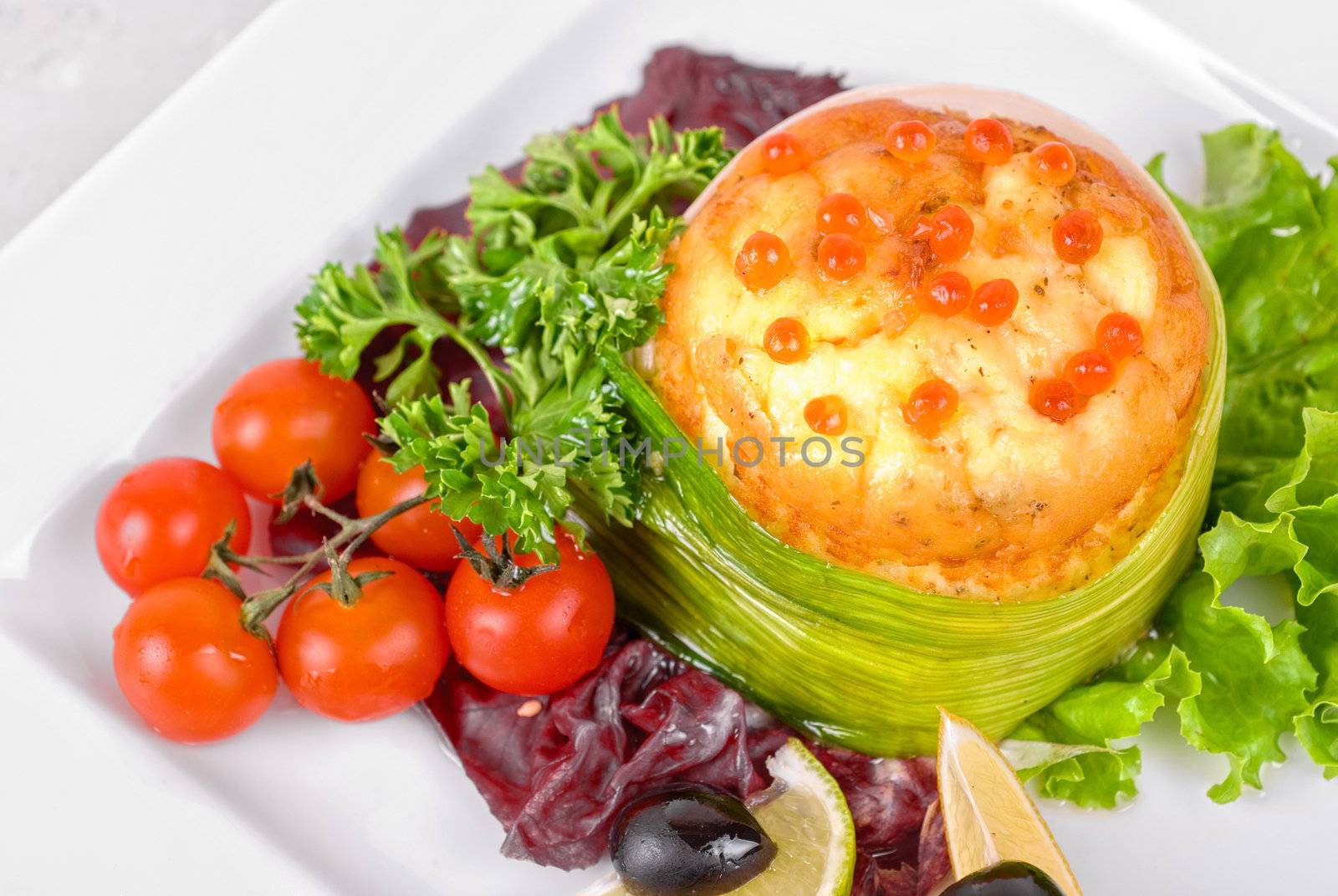 Tasty dish of salmon with omelette and philadelphia cheese