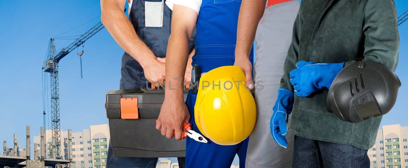 Different workers man closeup on building background