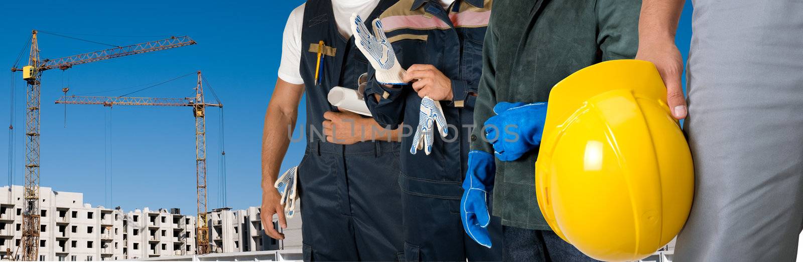 Different workers man closeup on building background