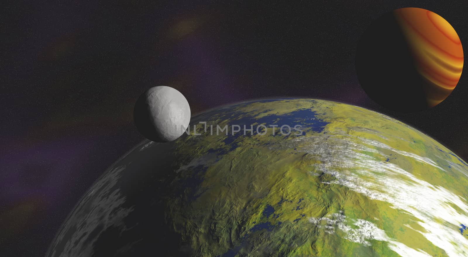 Close up of an alien planet with a moon in its orbit and a nebula background