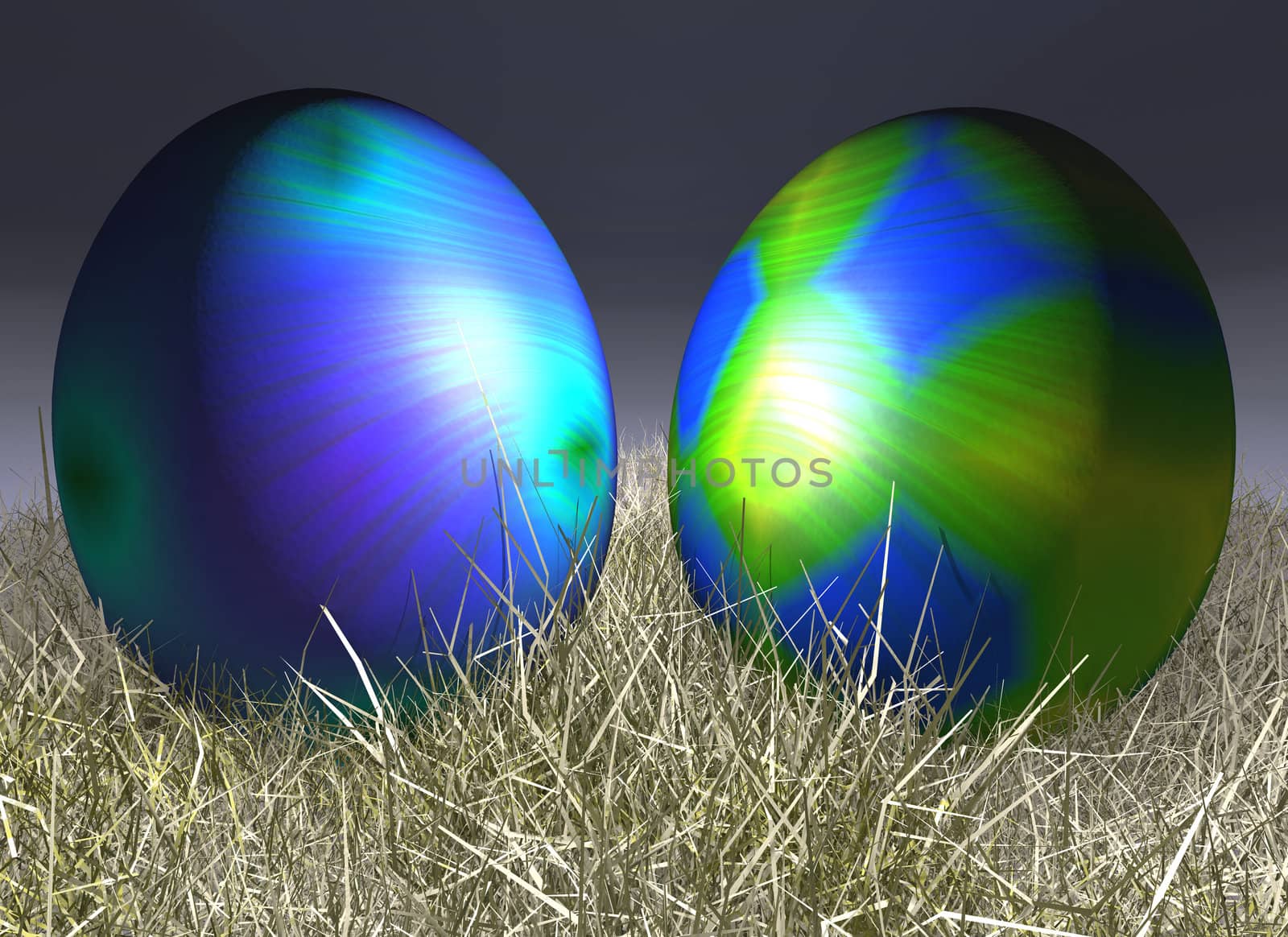 2 easter eggs with colored lighting effects on a straw