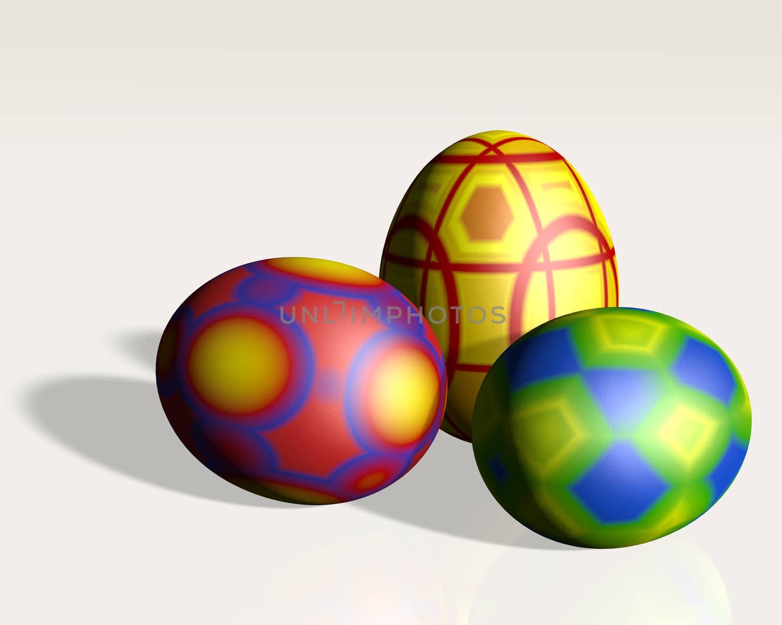 three easter eggs on neutral ground in the foreground illuminated by a directional light