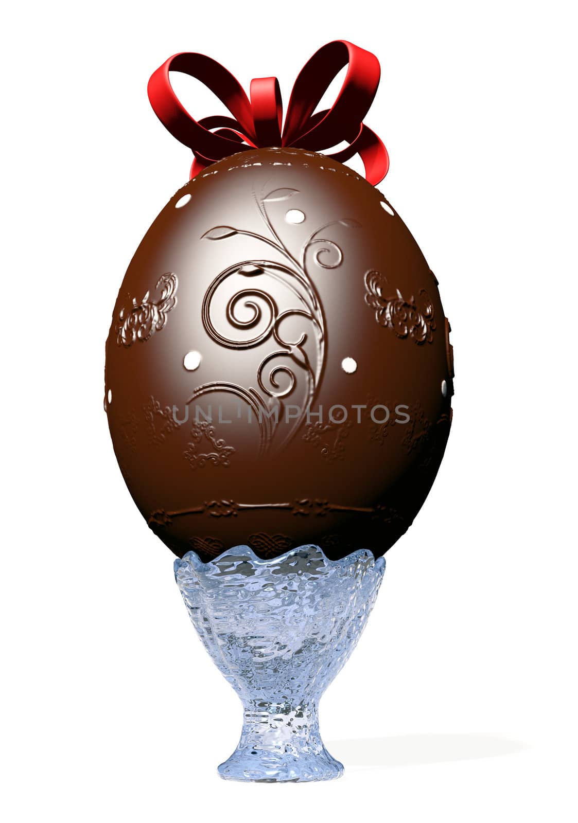 Big decorated chocolate easter egg on glass vase with a red ribbon on his head