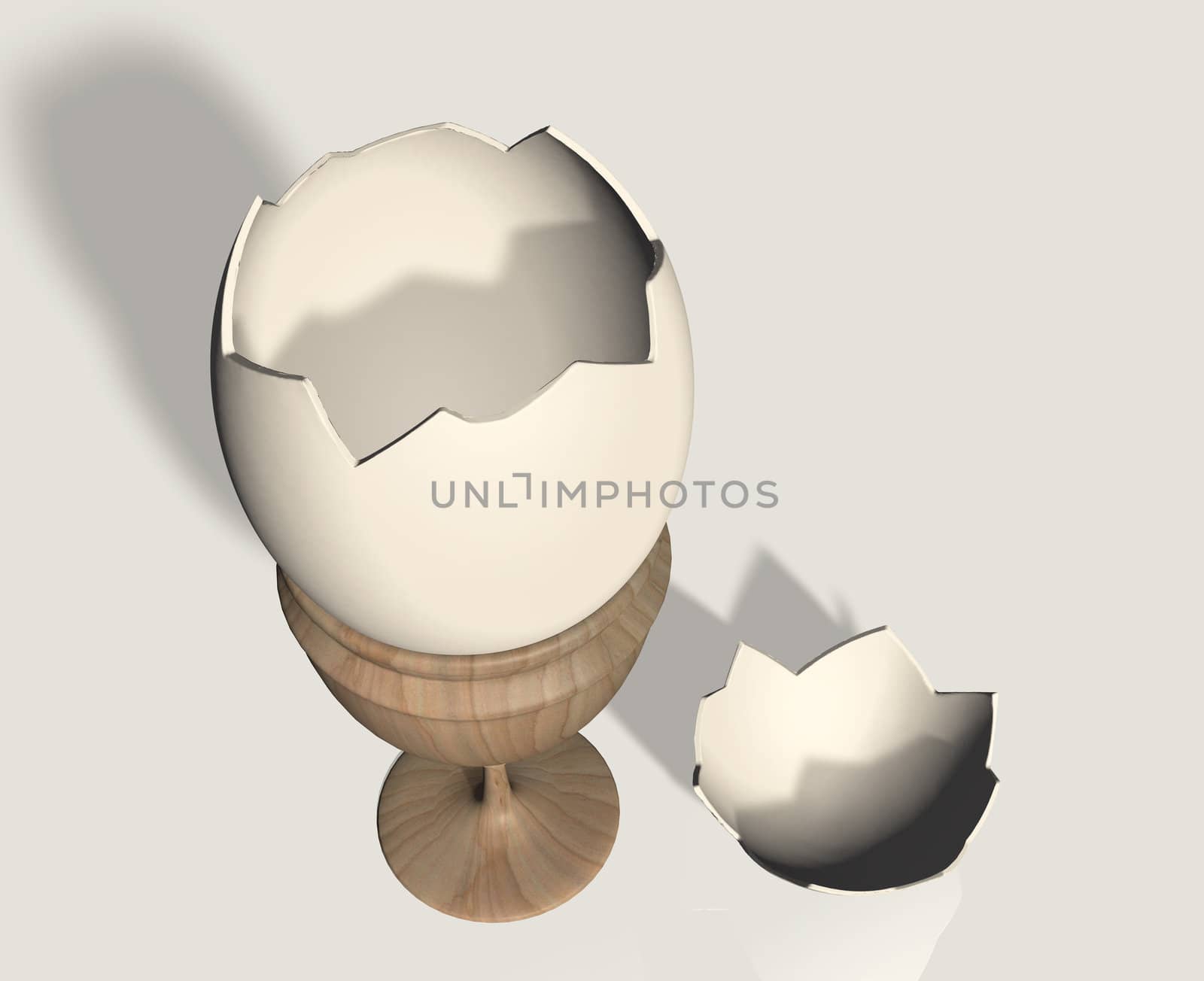 Open eggshell on wooden egg cups with a piece of shell on the ground