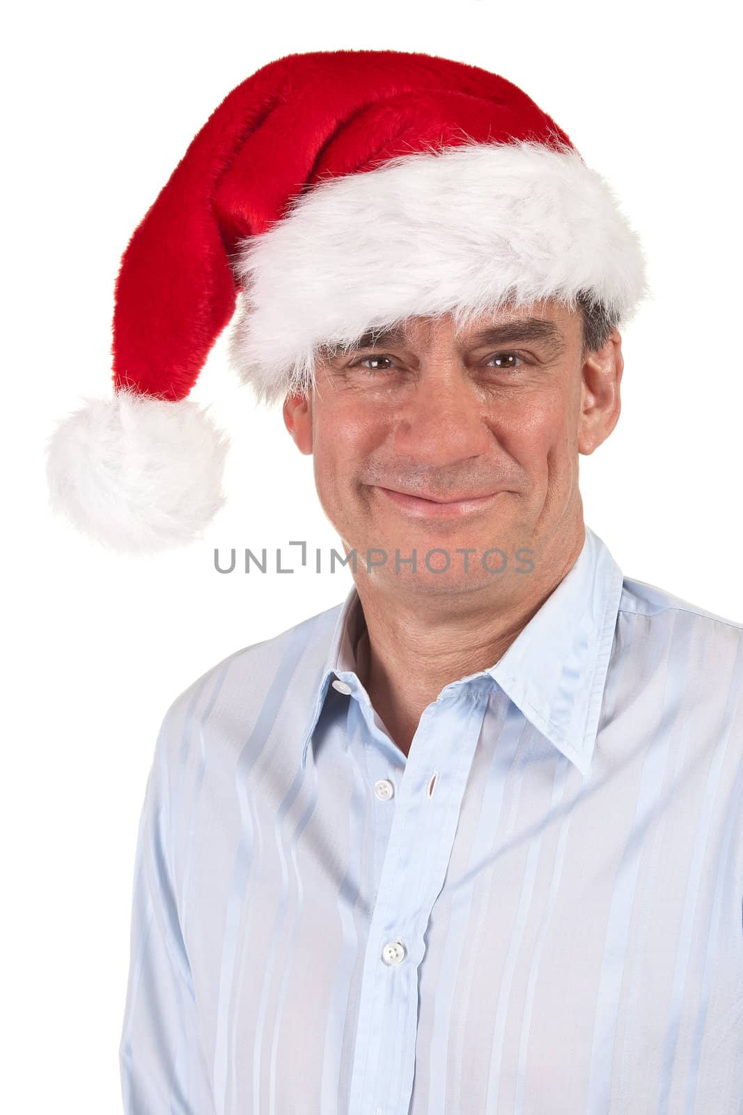 Headshot Portrait of Smiling Handsome Middle Age Business Man in Christmas Santa Hat Isolated