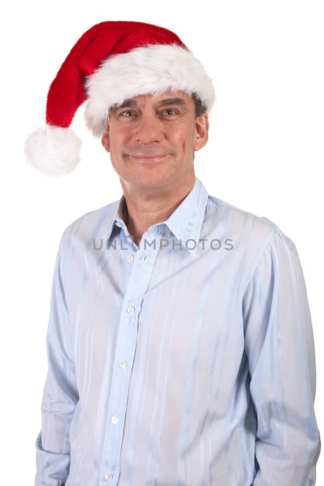Portrait of Smiling Handsome Middle Age Busuness Man in Christmas Santa Hat Isolated