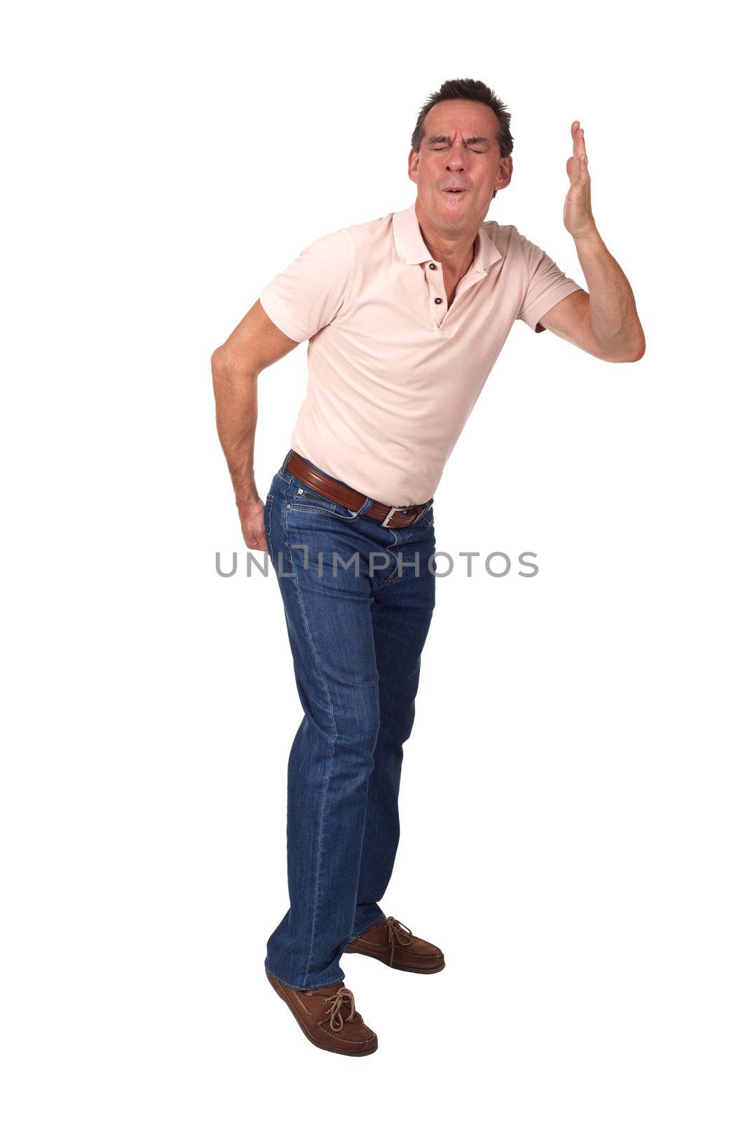 Full Length Portrait of Middle Age Man making rude gesture and touching backside indicating bad smell isolated