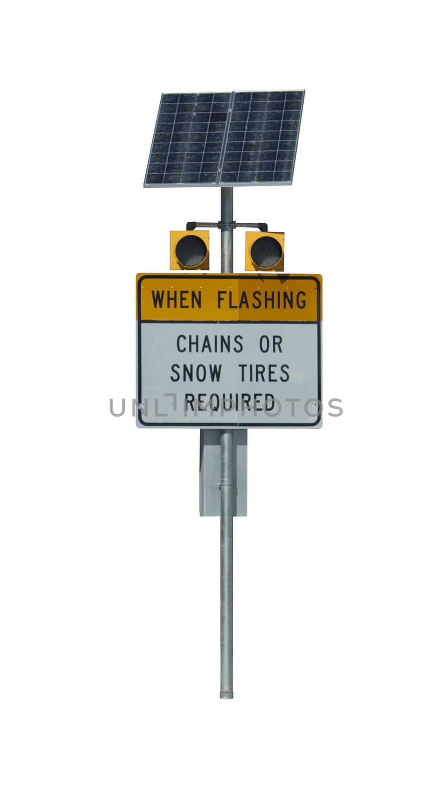 When flashing chains or snow tires required. Isolated road sign