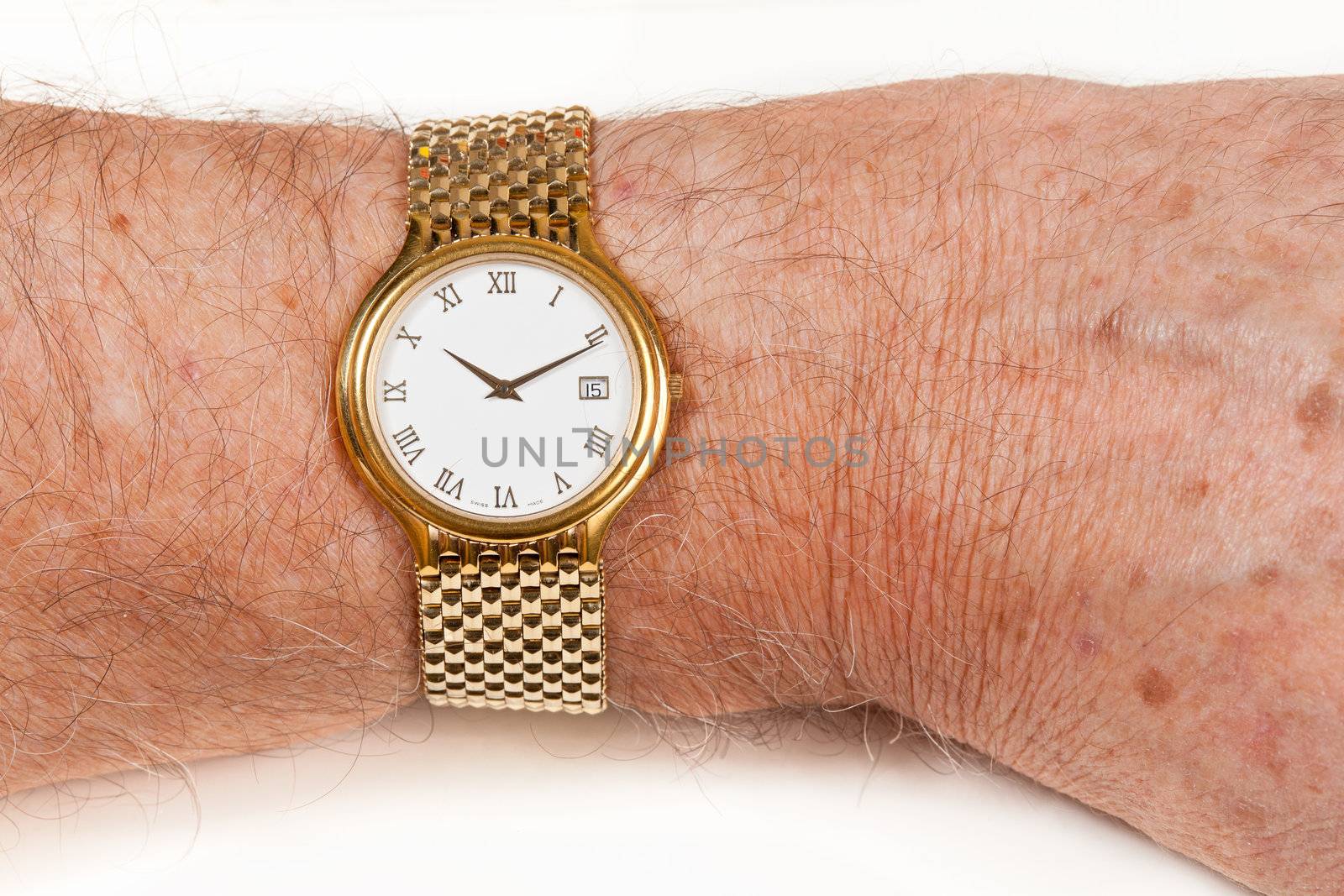 Gold watch with white face on hairy wrist by steheap
