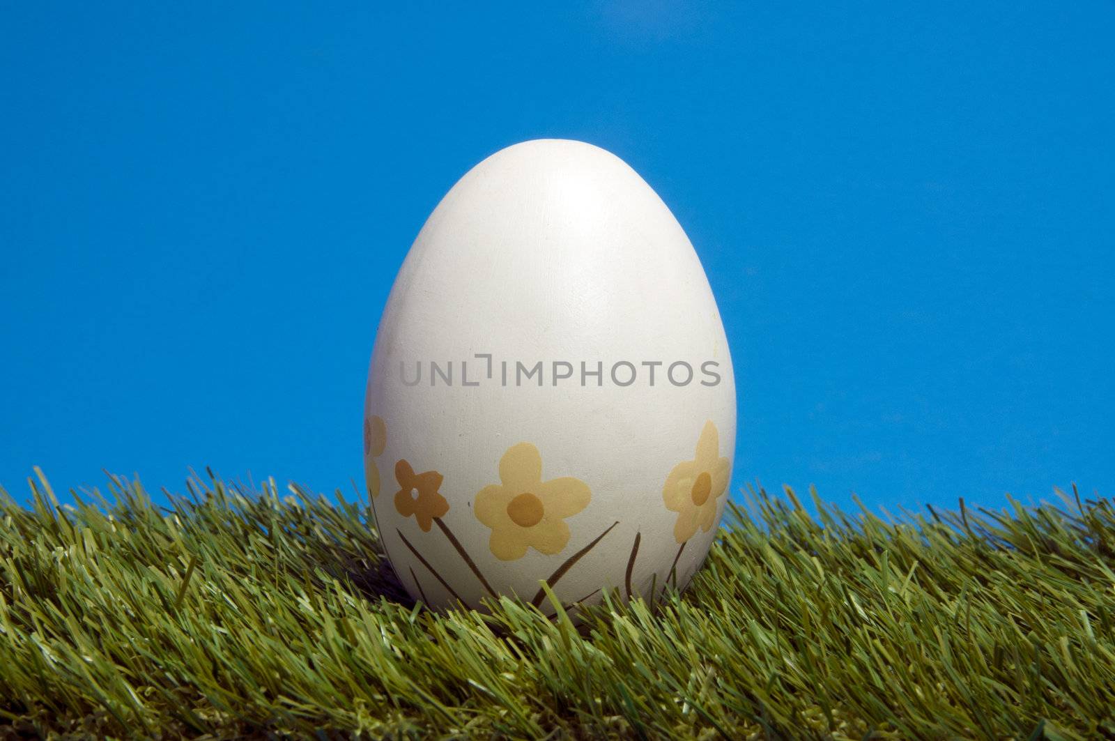 easter egg in grass with blue background