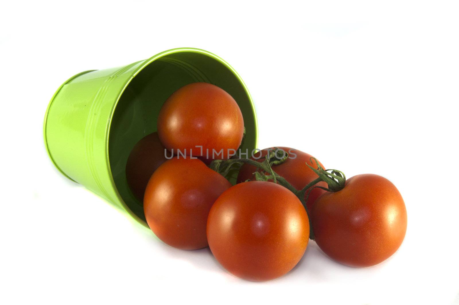green container with red tomatoes on isolated white background