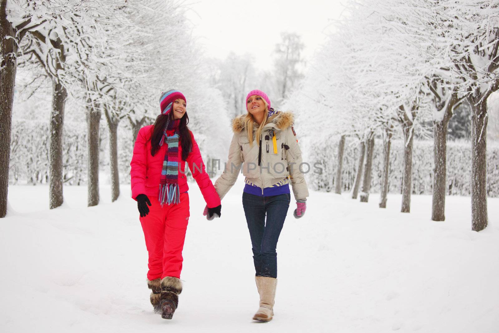 two women walk by winter alley snow trees on background