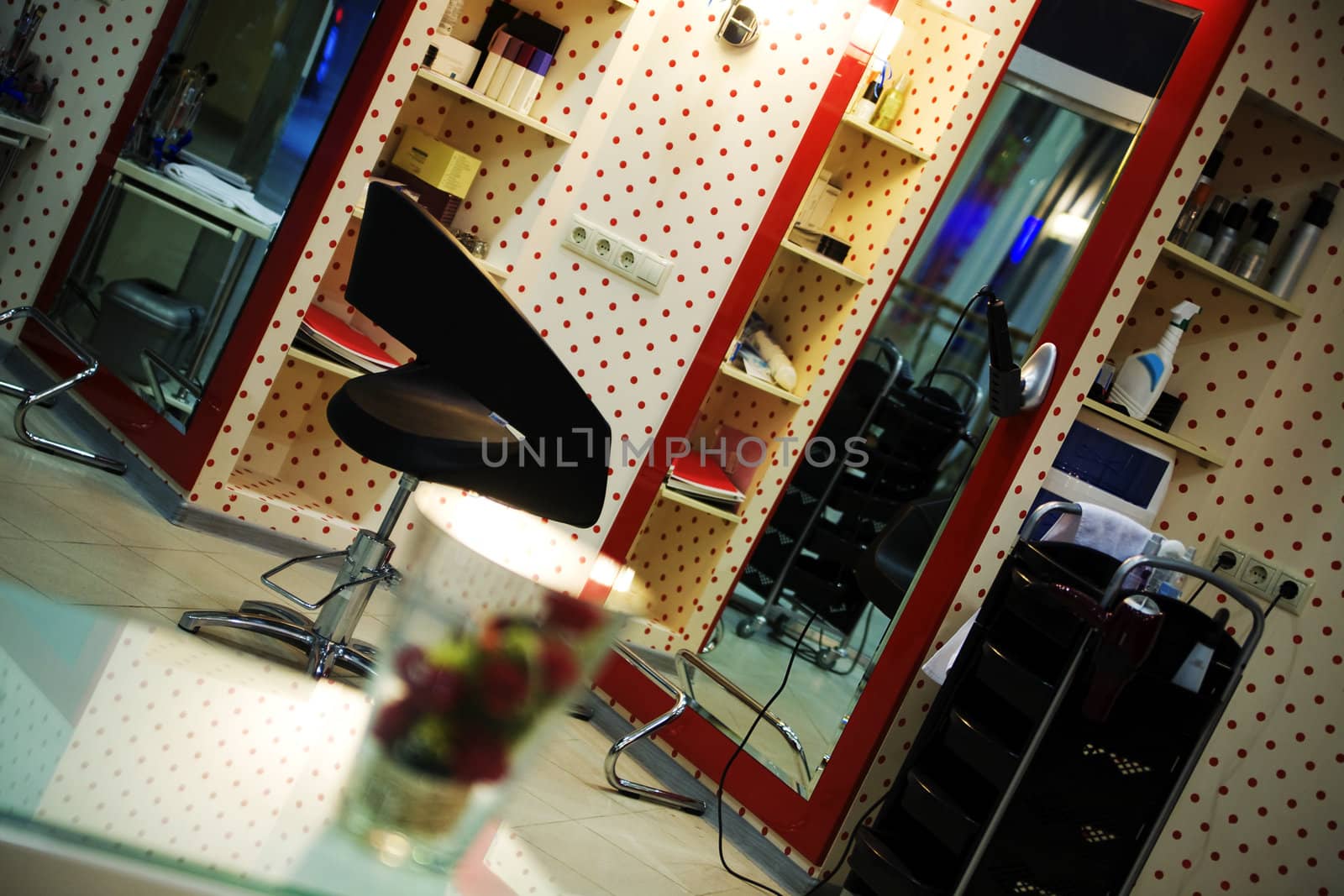Interior of luxury modern hairdressing salon in pin-up style