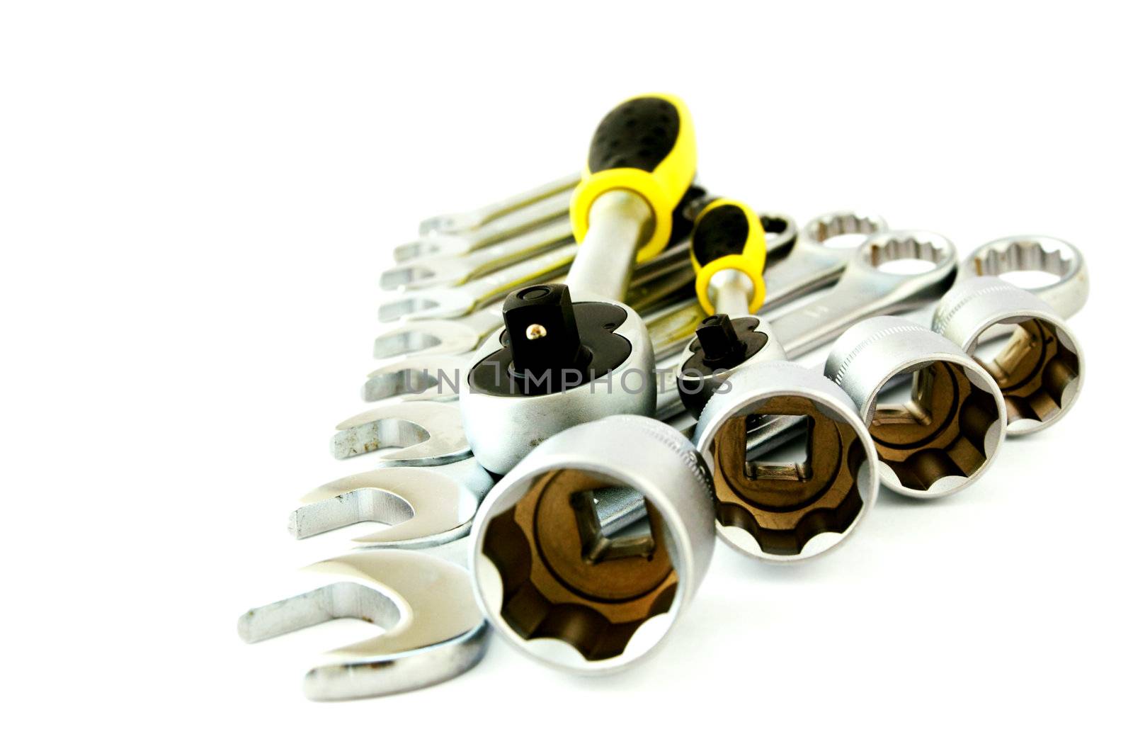 Set of metal tools on a white background