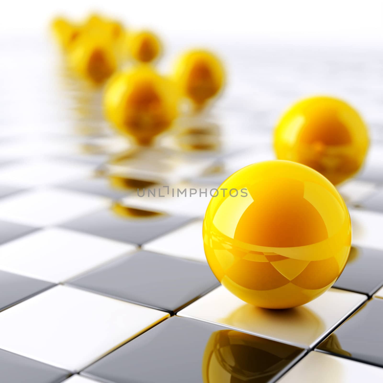 abstract bright yellow balls on checkered white black background