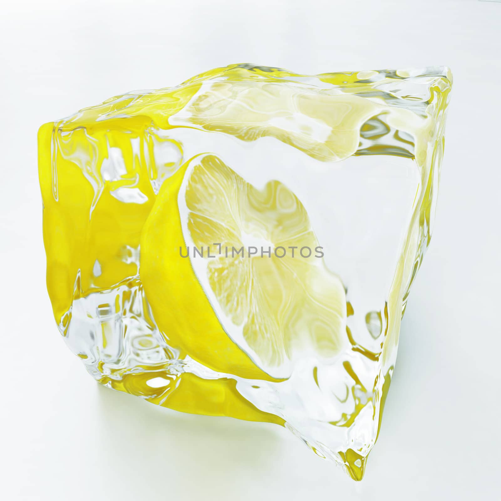 green lemon in the piece of transparent ice on a light background