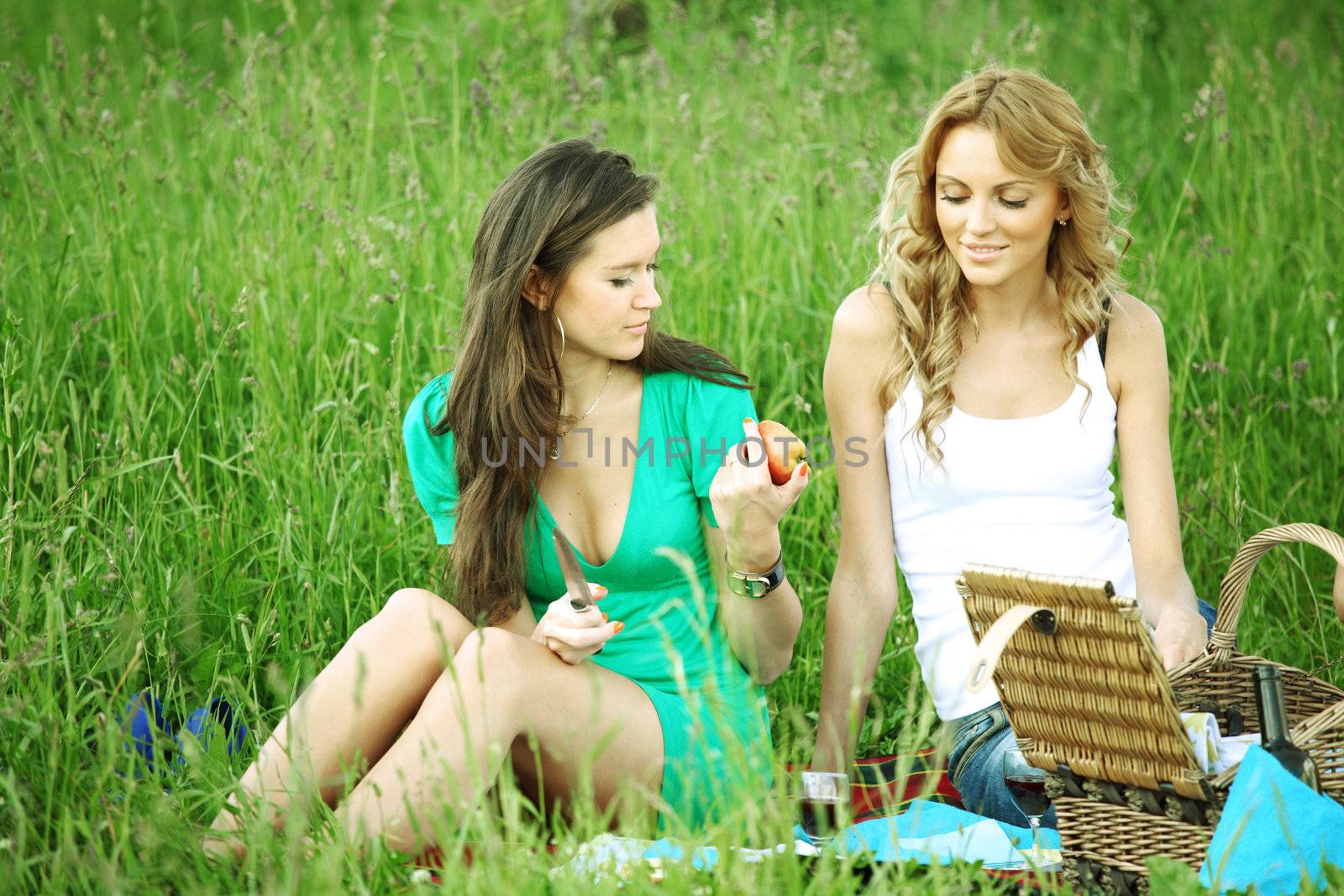 girlfriends on picnic in green grass