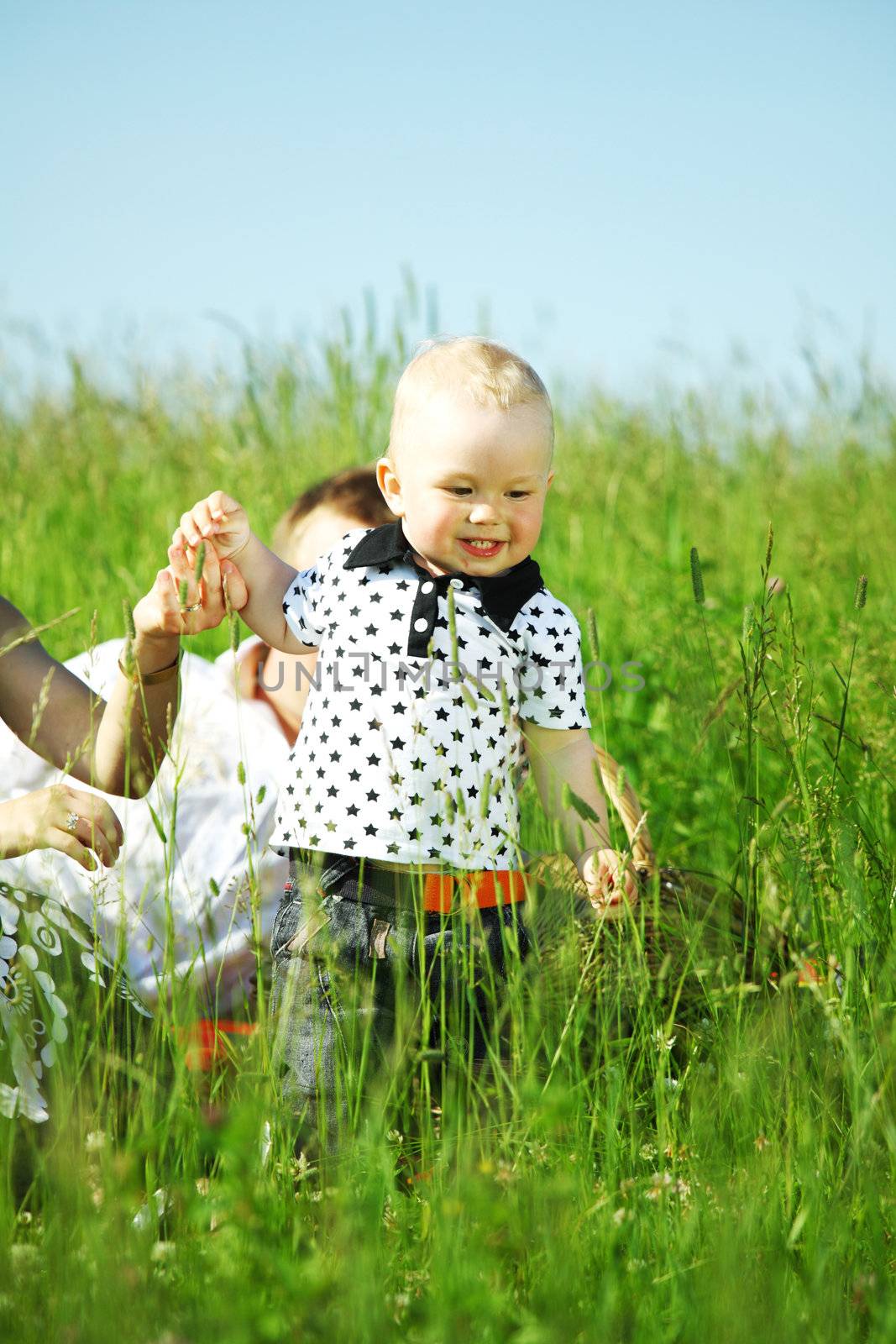  happy family on picnic in green grass