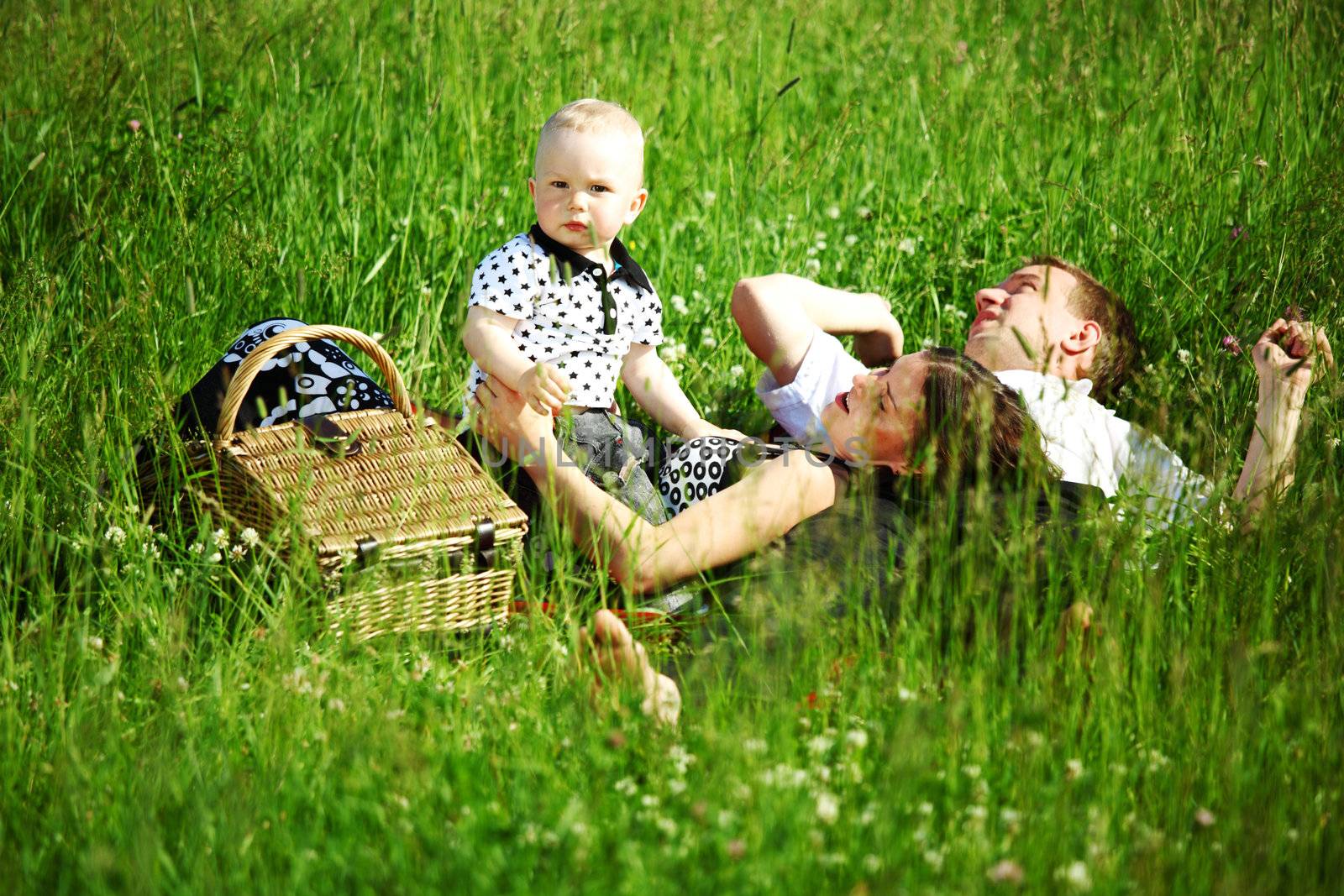  happy family on picnic in green grass