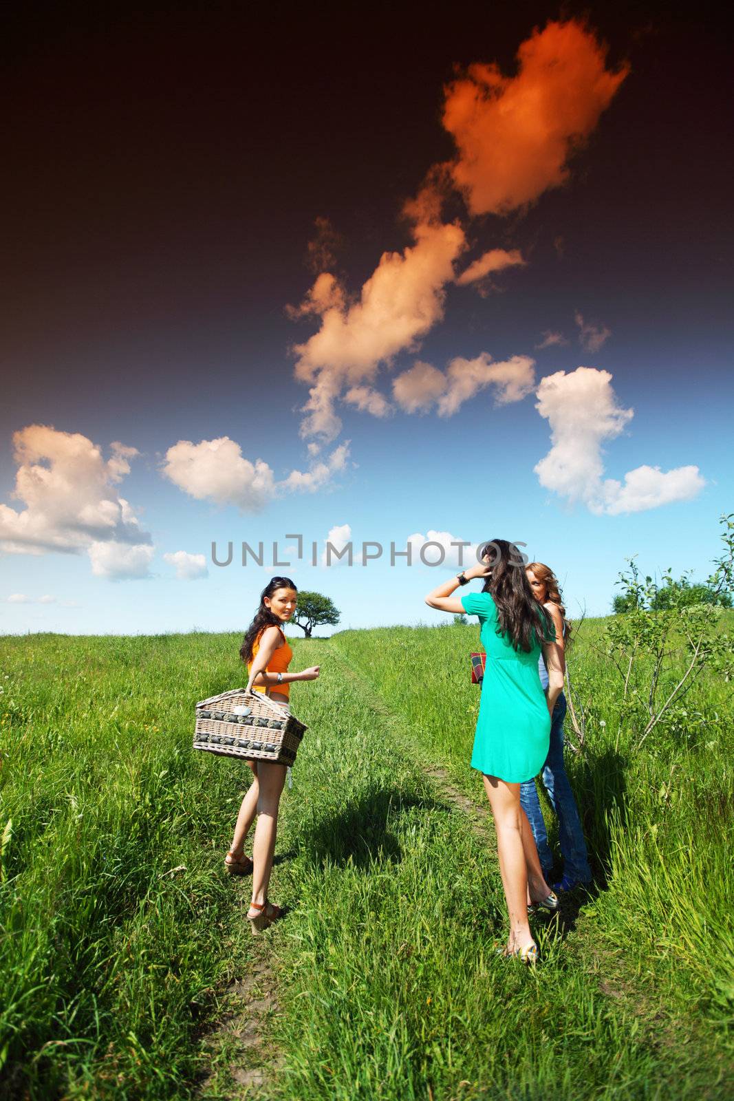 girlfriends on picnic in green grass field