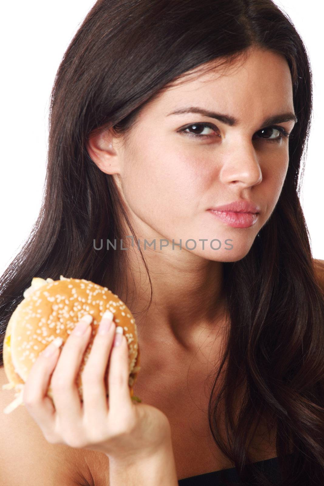 woman eat burger isolated on white background