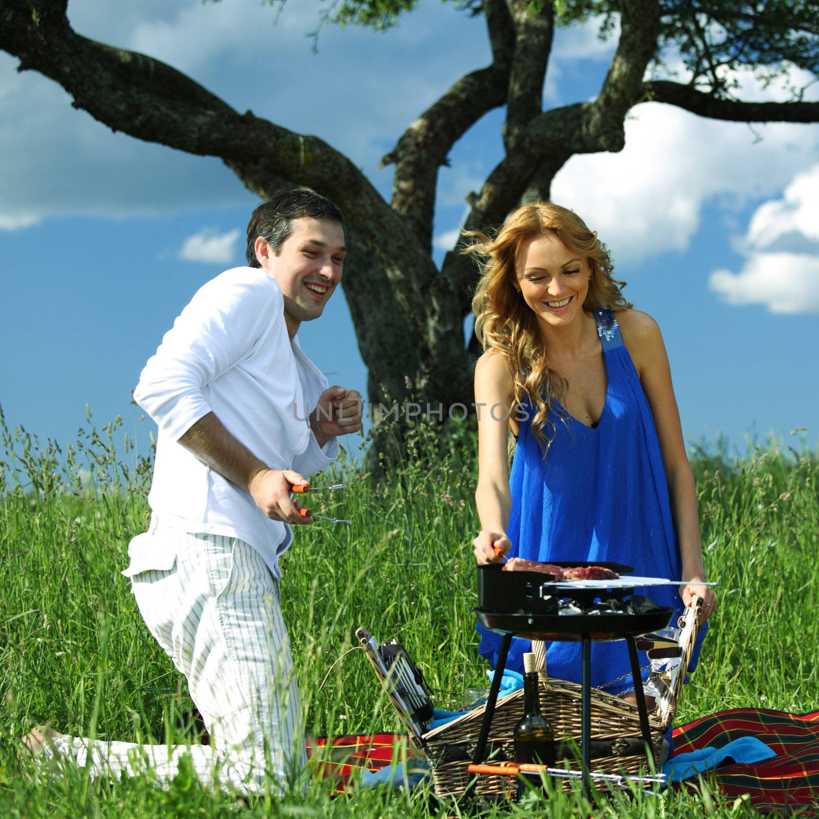 man and woman on picnic in green grass