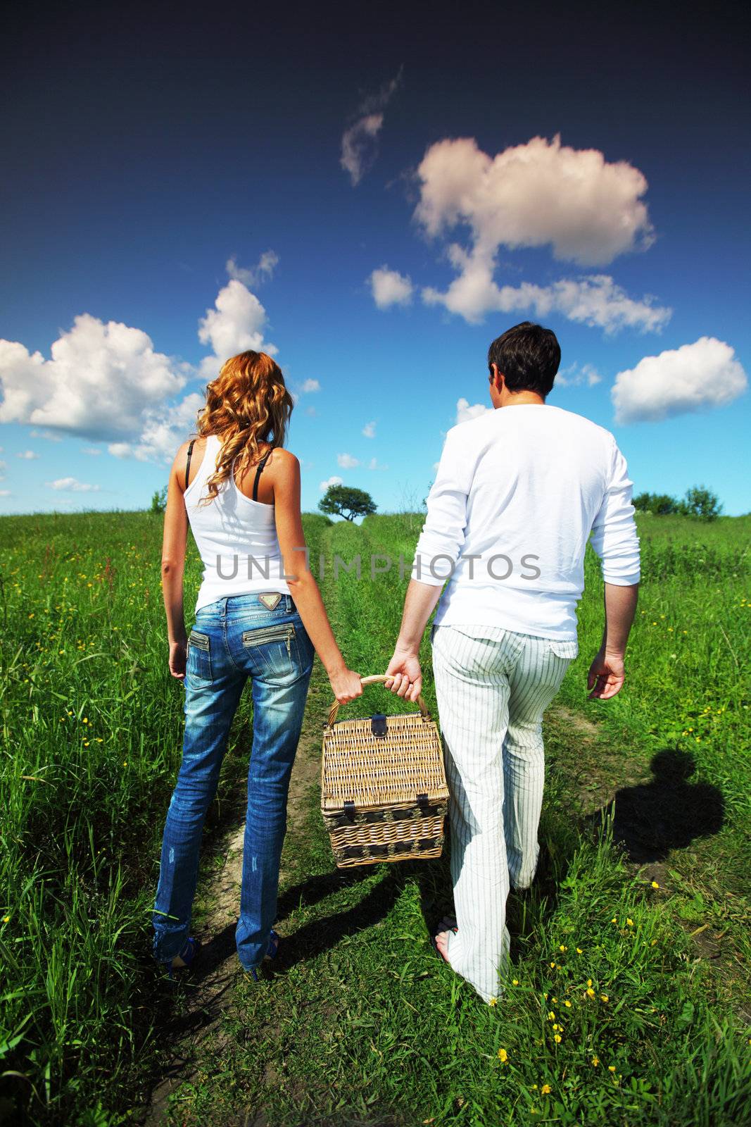 man and woman walk on picnic in green grass