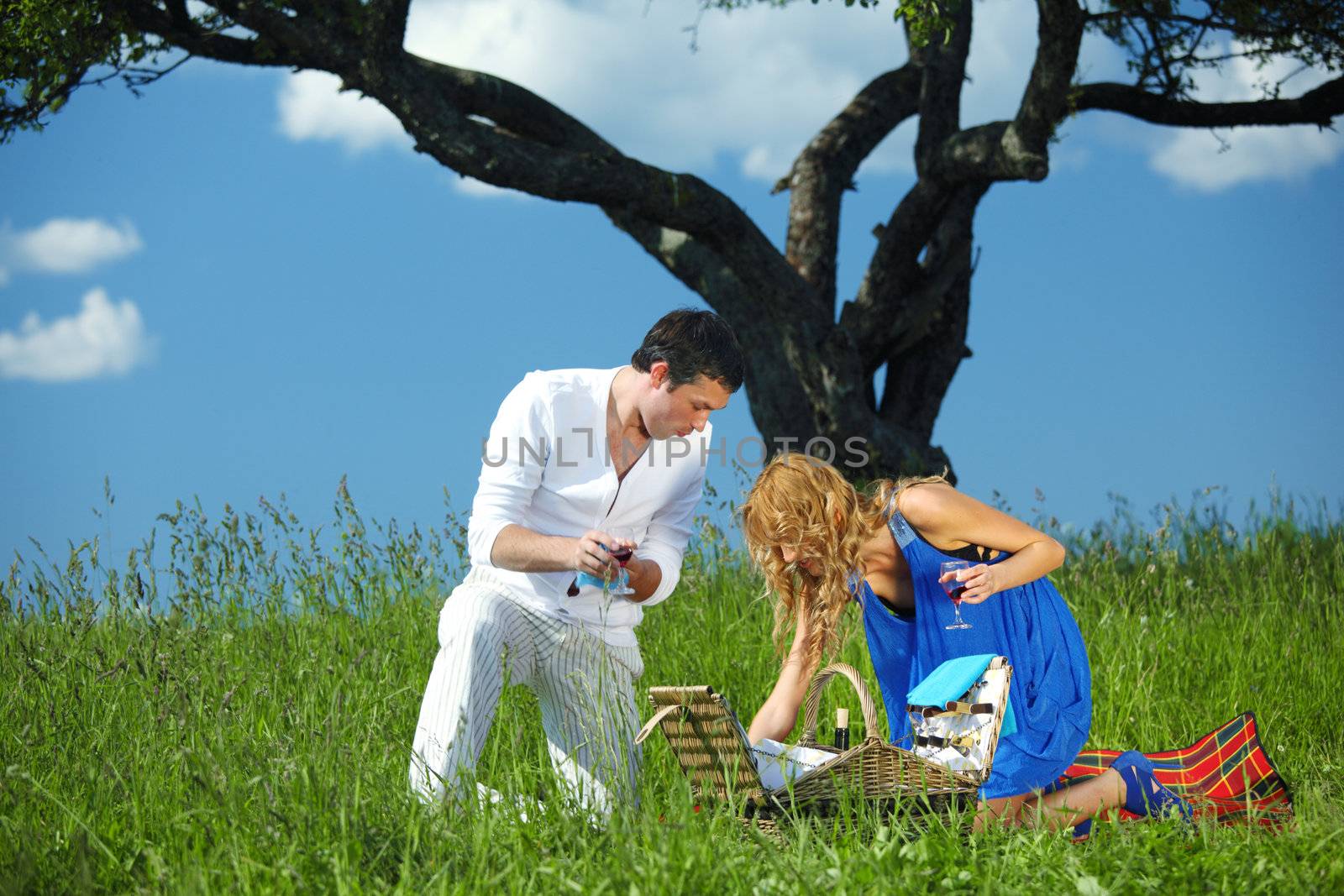 man and woman on picnic in green grass