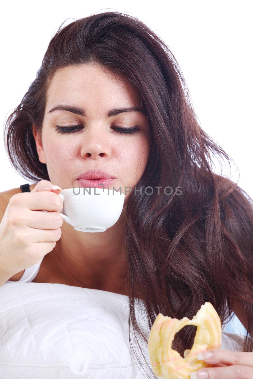 woman wake and see morning coffee