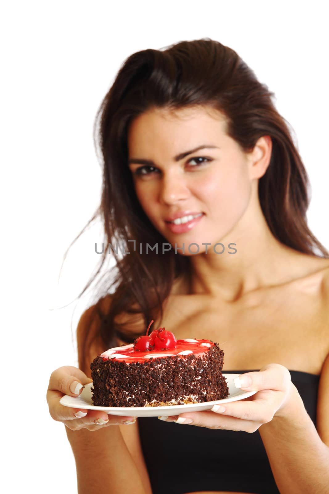 woman hold cake in hands isolated on white