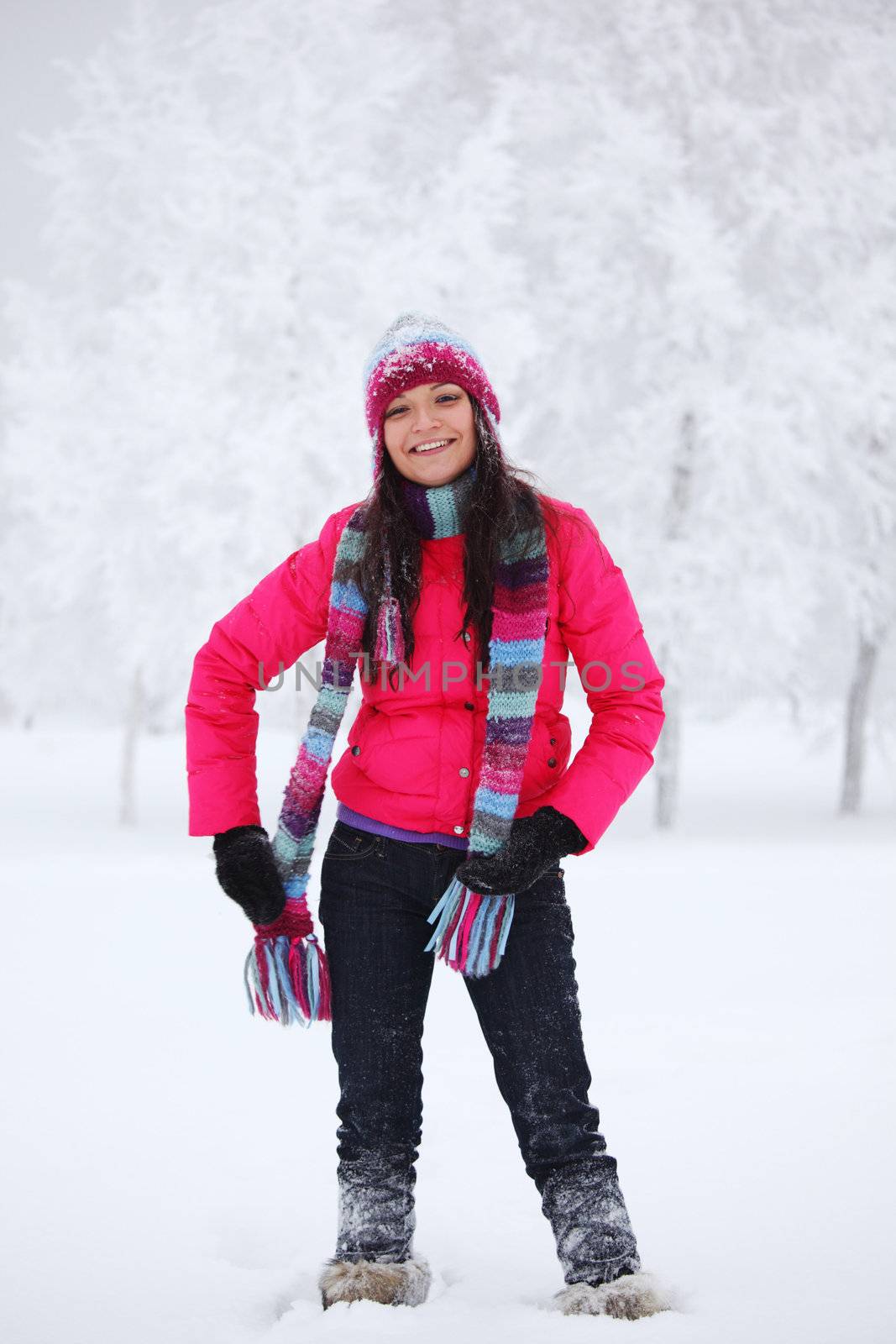 winter women close up portrait in frost forest