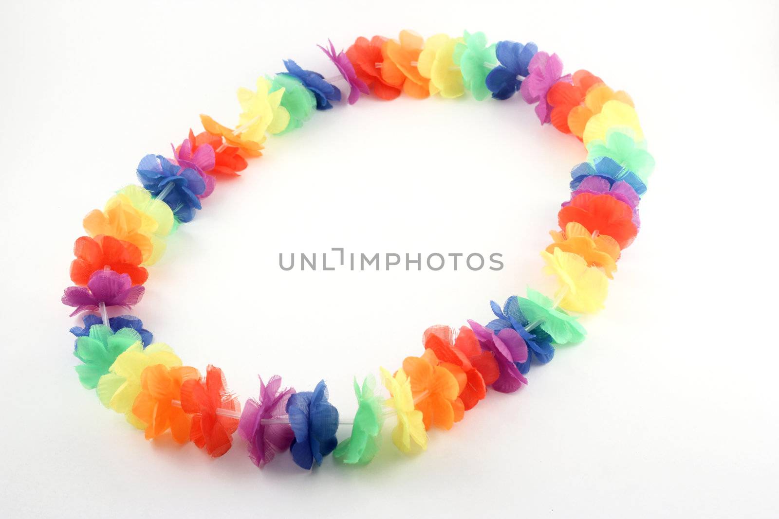 A colorful Hawaiian lei with bright colorful flowers on white background
