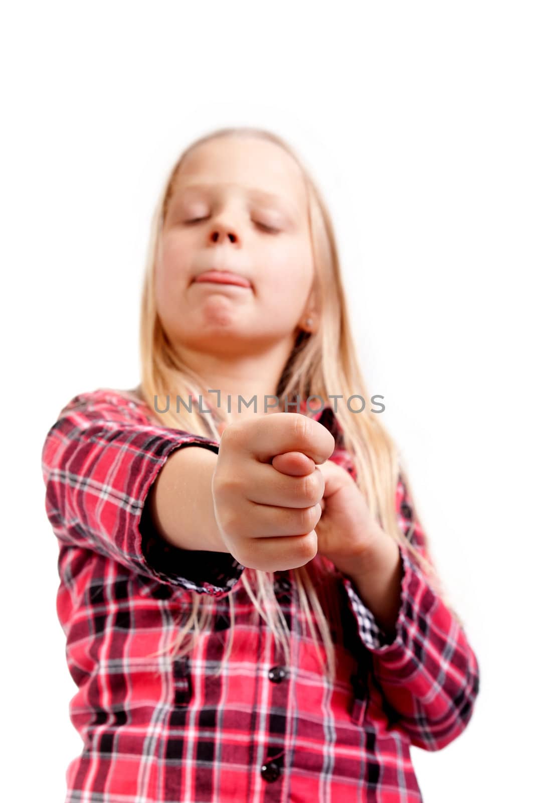 little girl shows his tongue and three fingers crossed
