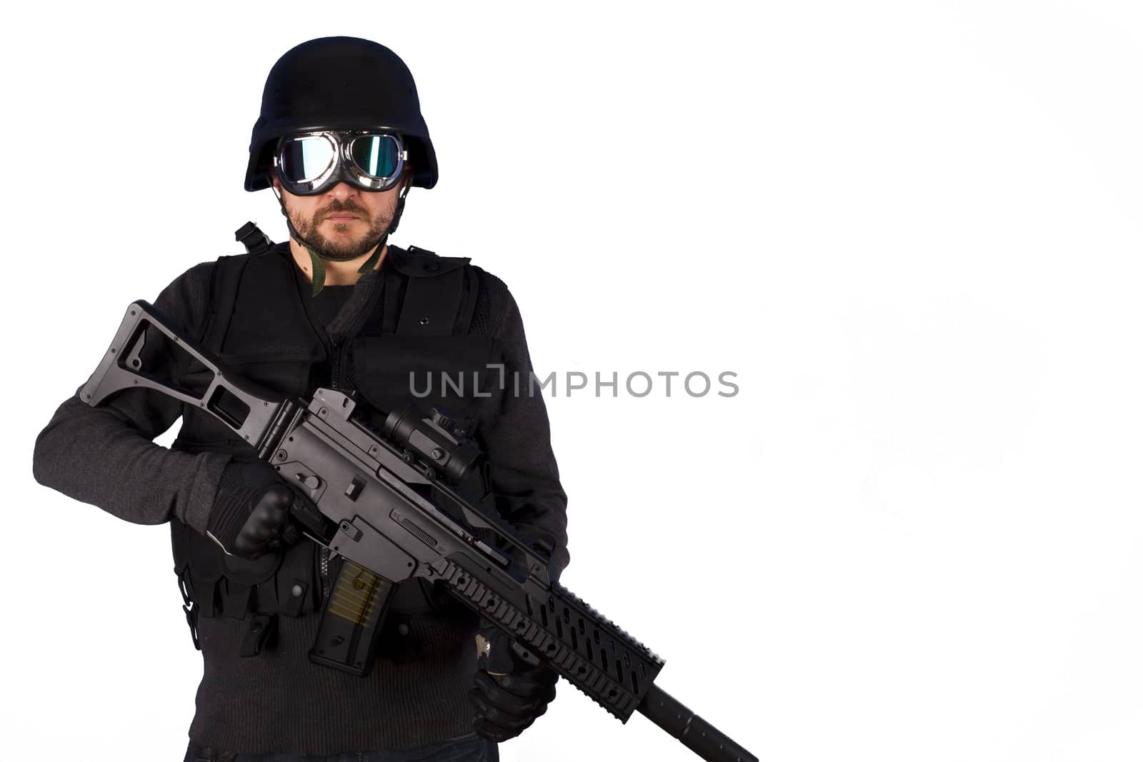 Defense against terrorism,Armed policeman isolated on white by FernandoCortes