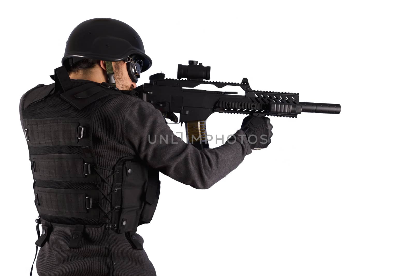 Street Assault, Armed policeman shooting, isolated on white by FernandoCortes