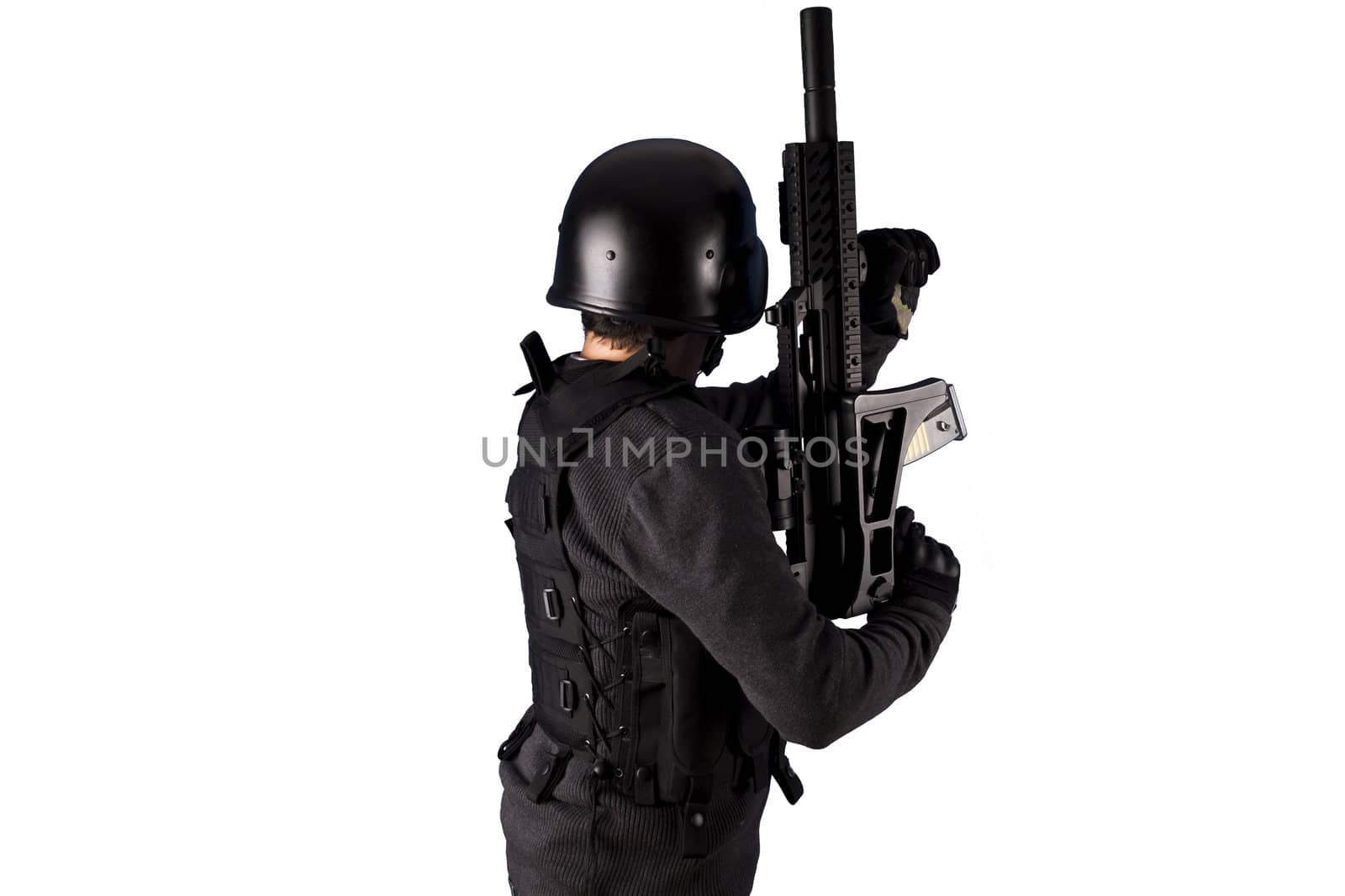 Airport security, Armed policeman shooting, isolated on white by FernandoCortes
