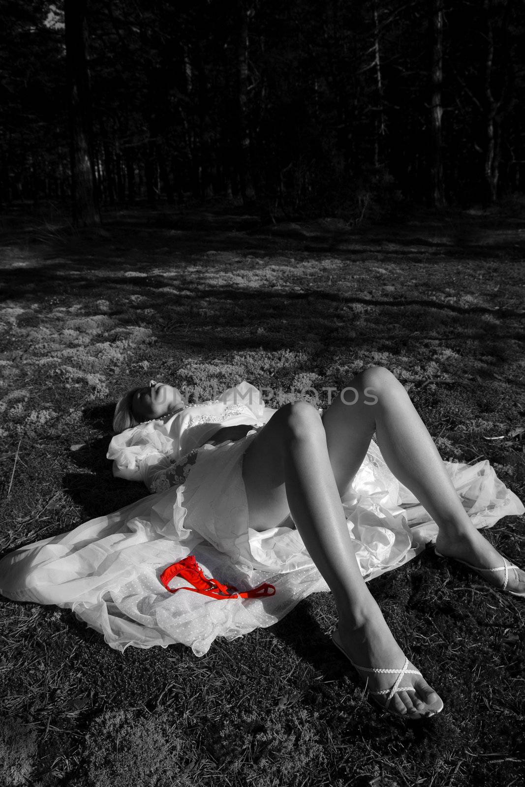 Raped a woman in the forest. Red underwear beside.