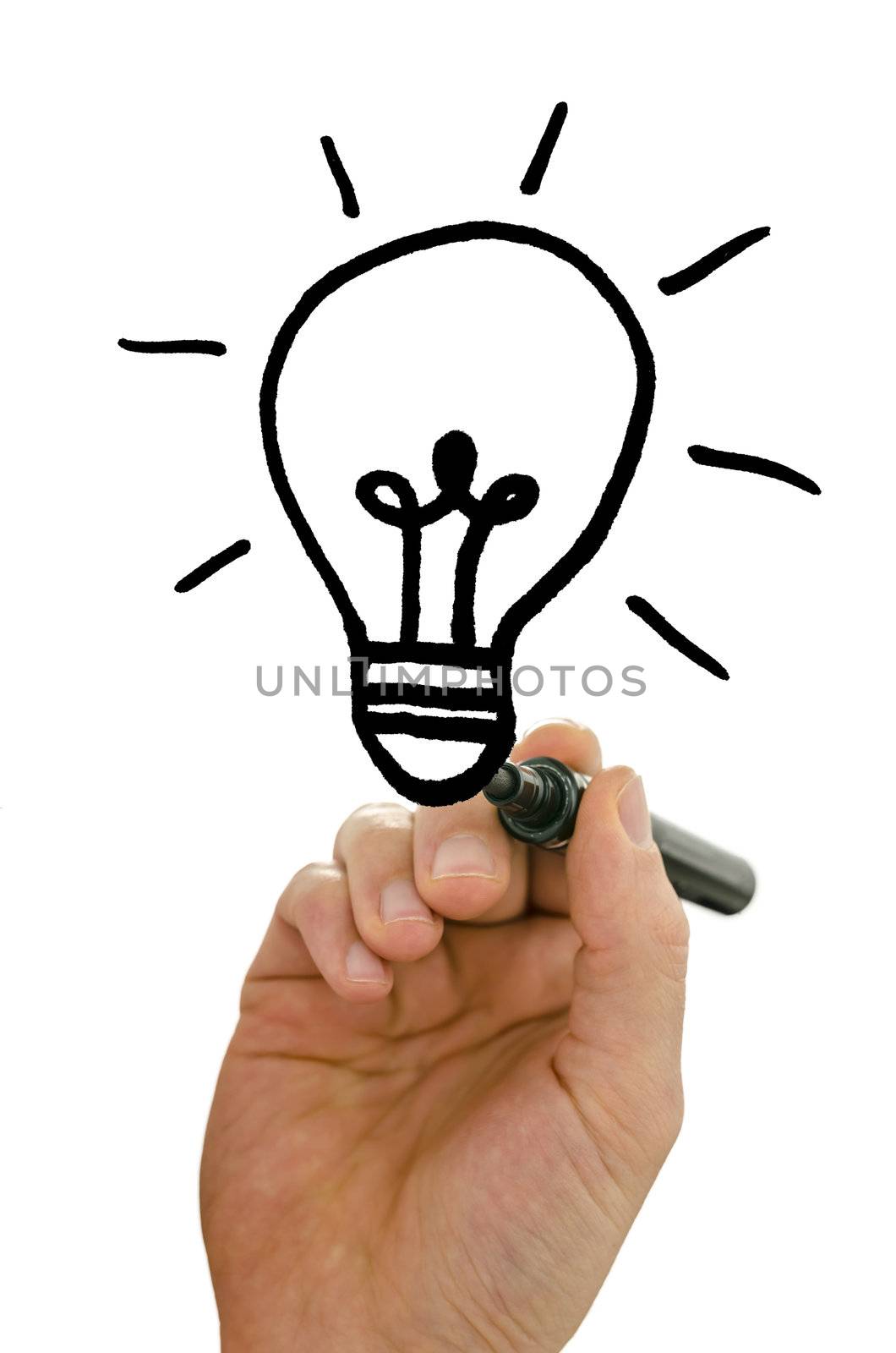 Close up of male hand drawing light bulb on a virtual screen with black marker. Over white background.