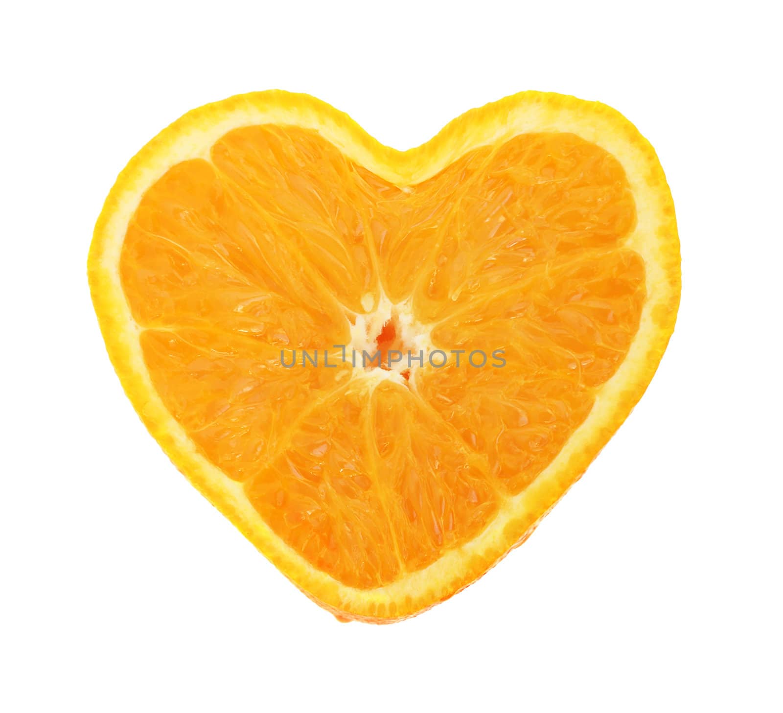 Orange cross section shaped like heart on white background